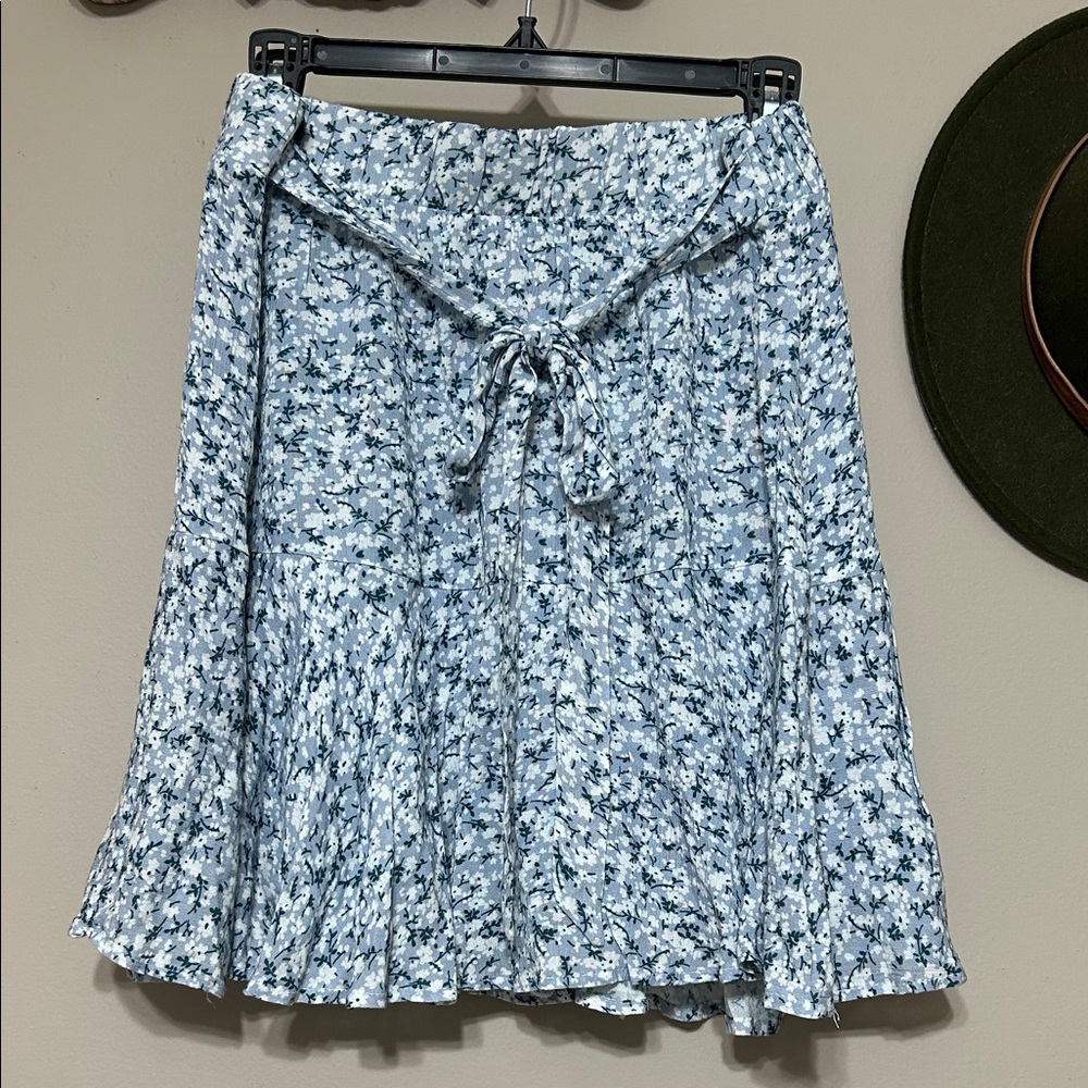 Light Blue Floral Tie-Waist Midi Skirt